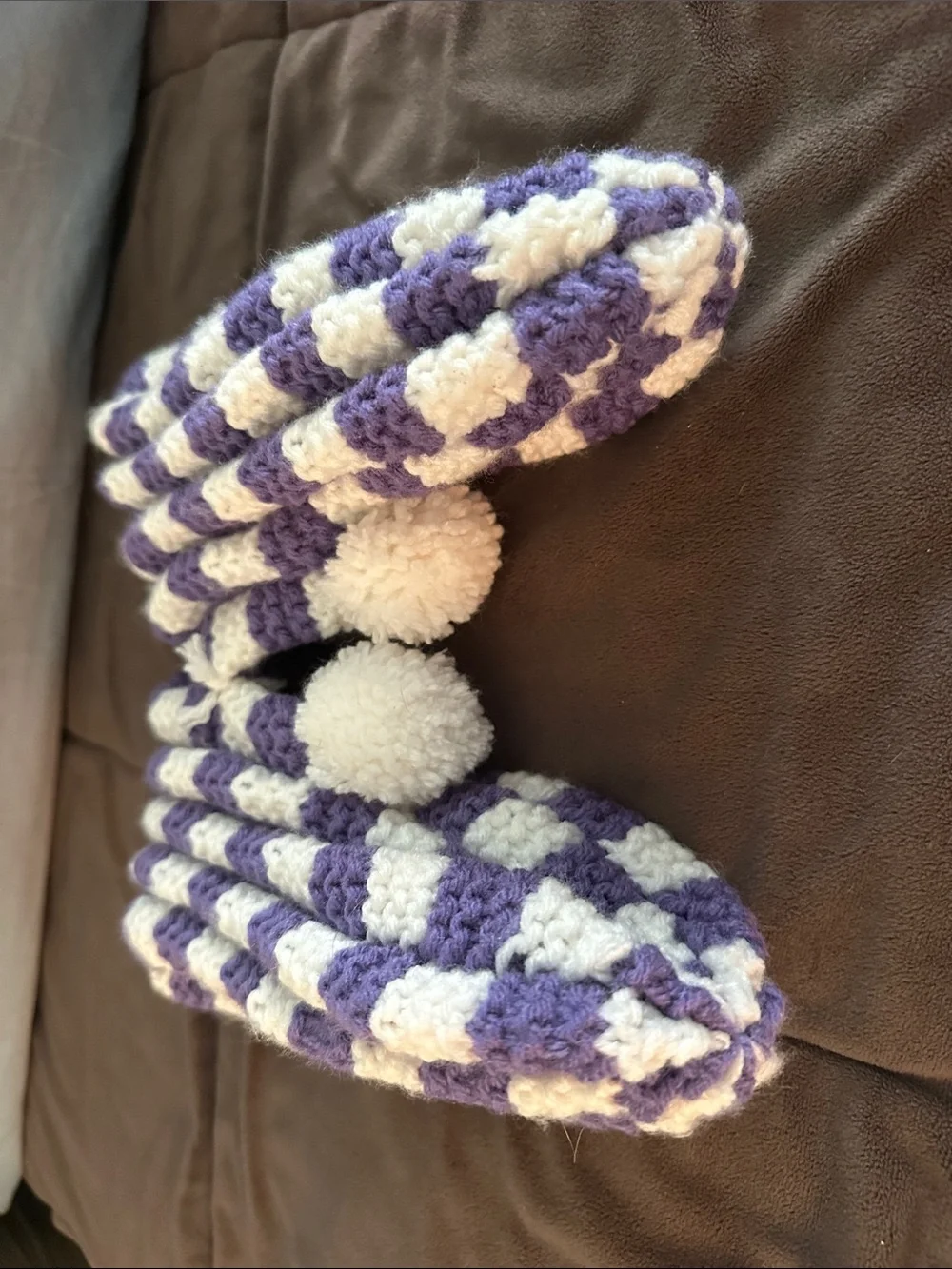 Purple & White Checkered Crochet Slippers with Pom-Poms - Kids Size 12-13